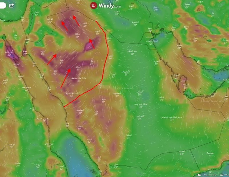 هنا قد تهطل زخات.. المسند عن “أجواء اليوم”: غبار على هذه المناطق