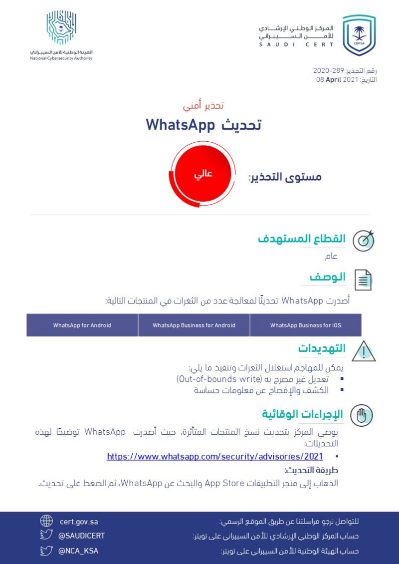 “الأمن السيبراني” يُصدر تحذيراً عالي الخطورة بخصوص تحديث لـWhatsA