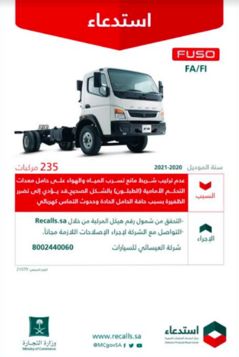 خشية من حدوث تماس كهربائي.. استدعاء 235 شاحنة FA/FI” FUSO”