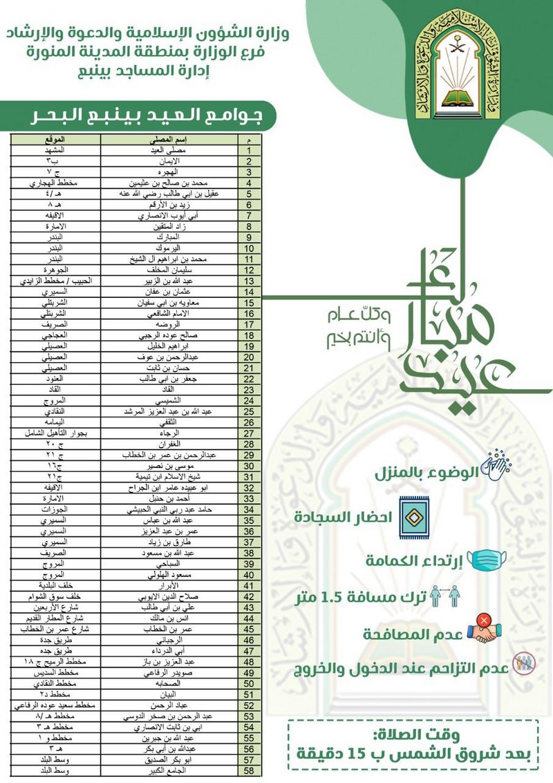 تحديد المساجد والمصليات الخاصة بصلاة عيد الفطر المبارك في ينبع