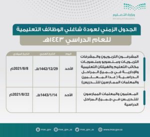 “التعليم” تحدّد عودة شاغلي الوظائف التعليمية للعام الدراسي ١٤٤٣هـ