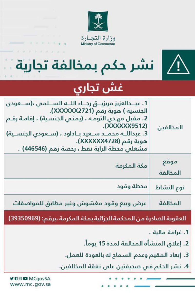 “التجارة” تشهِّر بمشغِّلي محطة باعت وقودًا مغشوشًا