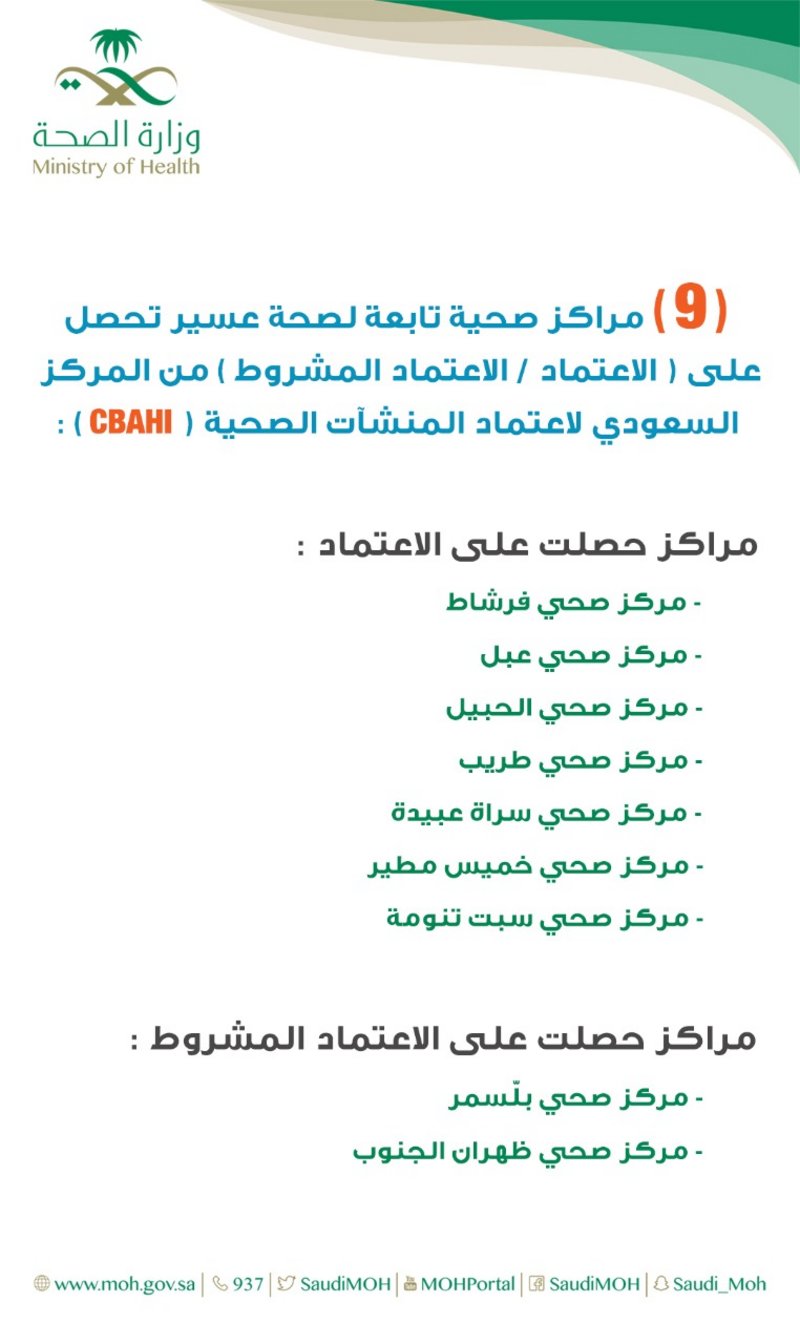 9 مراكز صحية بعسير تنال “الاعتماد المشروط” من “سباهي”