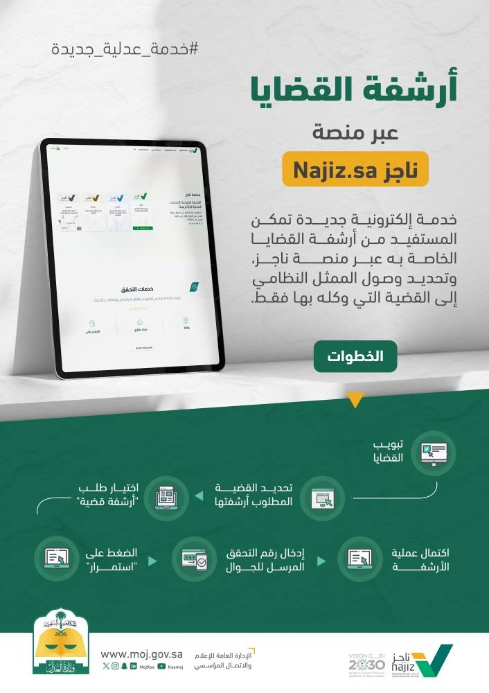 «العدل» تطلق خدمة «أرشفة القضايا» عبر منصة ناجز – أخبار السعودية