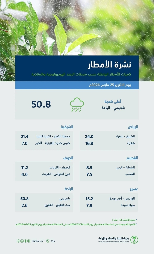 «البيئة»: 10 مناطق تستقبل هطول الأمطار في 69 محطة.. والباحة تتصدر بـ50.8 ملم – أخبار السعودية